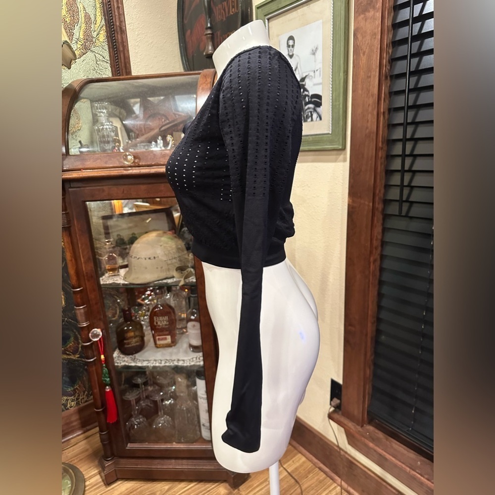 Black Pointelle Long Sleeve Crop Top Workout Yoga S - Picture 6 of 10